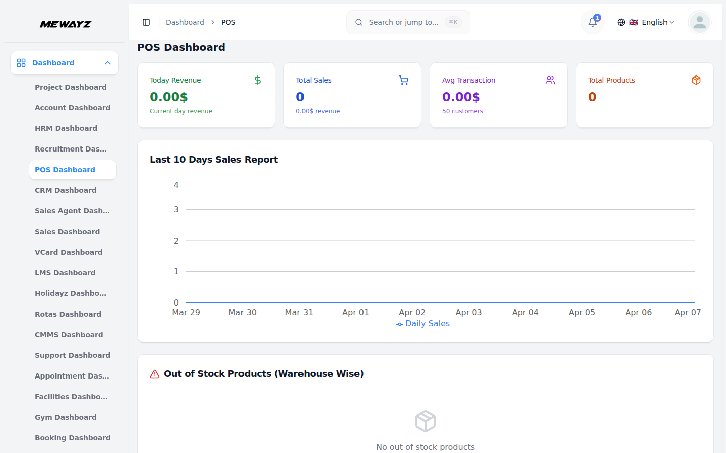 Mewayz POS dashboard — sales, registers and inventory